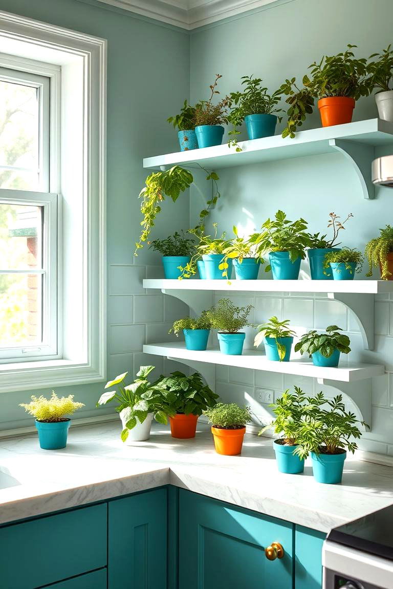 Teal Herb Garden in Kitchen - 24 Teal and White Kitchen Ideas