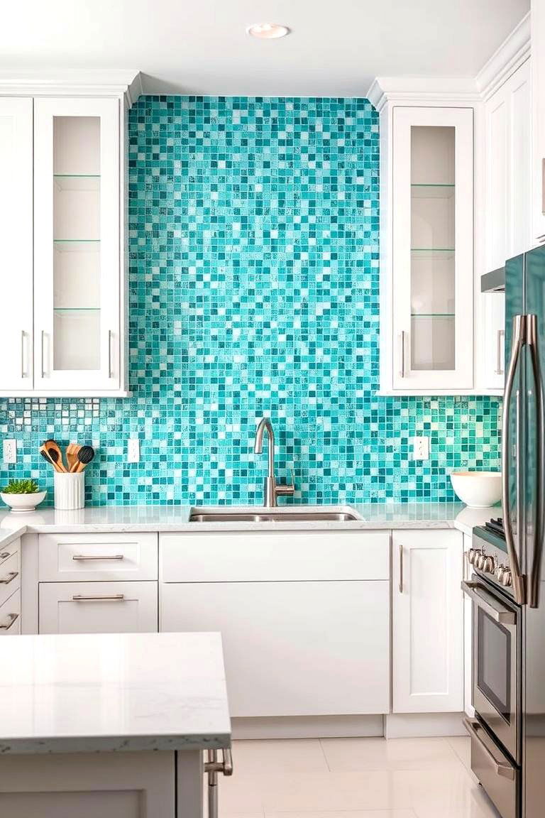 Teal Mosaic Backsplash - 24 Teal and White Kitchen Ideas