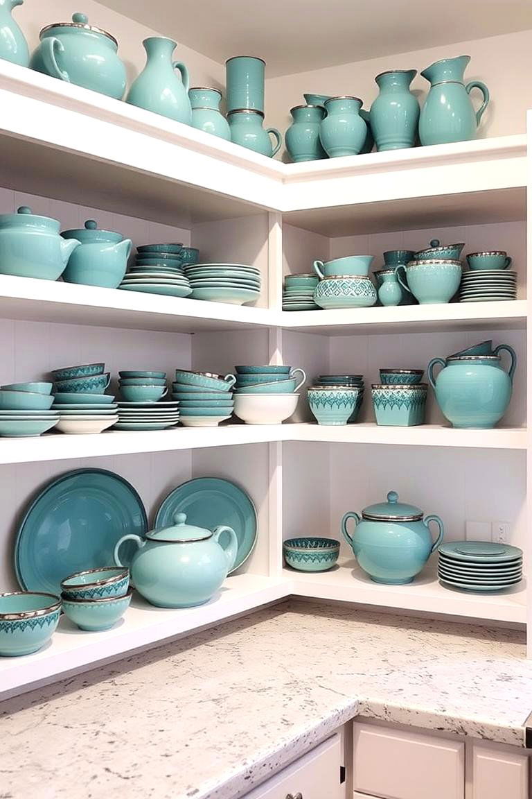 Teal Pottery and Ceramics Display - 24 Teal and White Kitchen Ideas