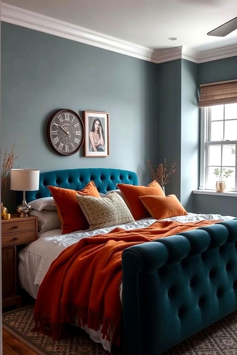 Teal Upholstered Bed with Orange Throws - 24 Teal and Orange Bedroom Ideas