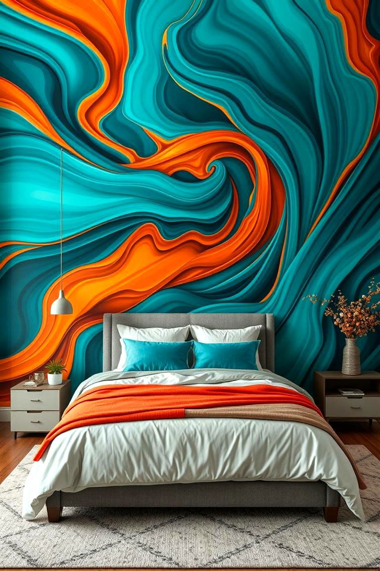 Teal Wall Murals with Orange Accents - 24 Teal and Orange Bedroom Ideas