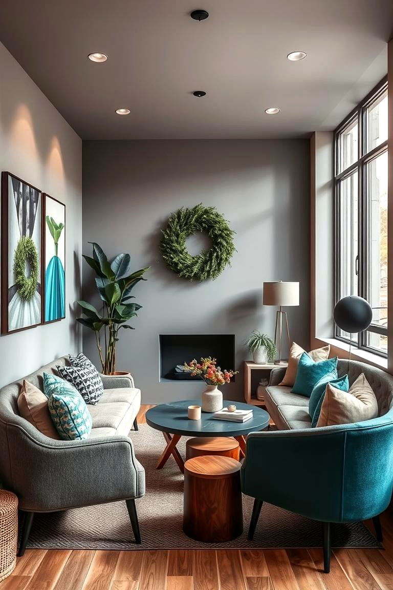 Teal and Grey Cozy Contemporary Space - 24 Teal and Grey Living Room Ideas