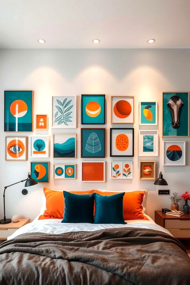 Teal and Orange Artwork Display - 24 Teal and Orange Bedroom Ideas