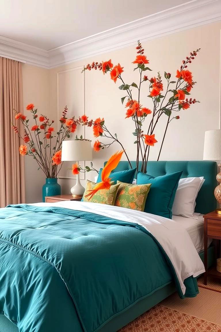 Teal and Orange Floral Arrangements - 24 Teal and Orange Bedroom Ideas