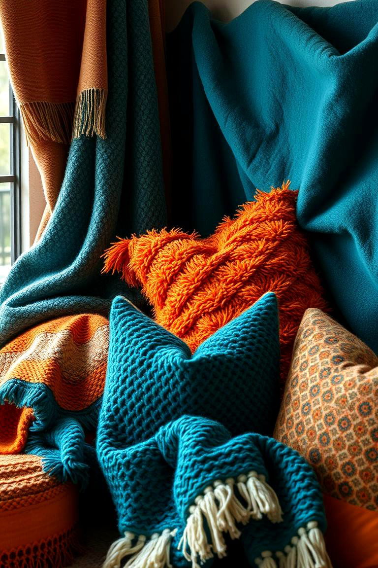 Teal and Orange Layered Textiles - 24 Teal and Orange Bedroom Ideas