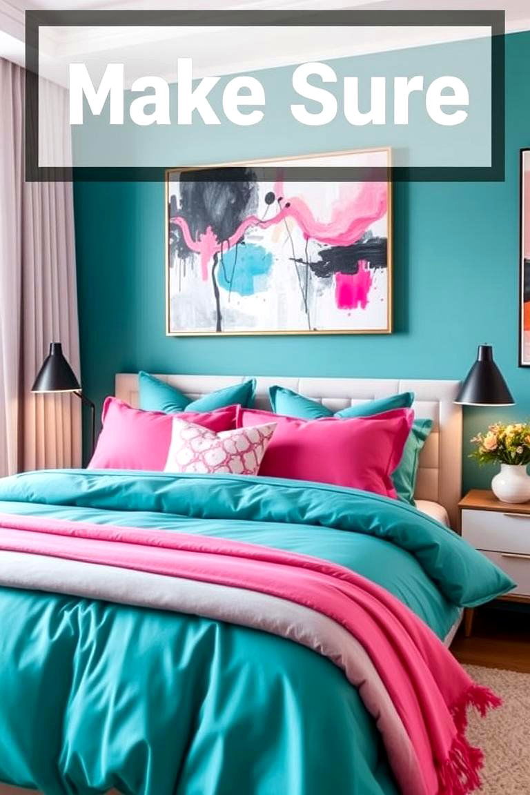 Teal and Pink Bedding Set with Abstract Artwork - 24 Teal and Pink Bedroom Ideas