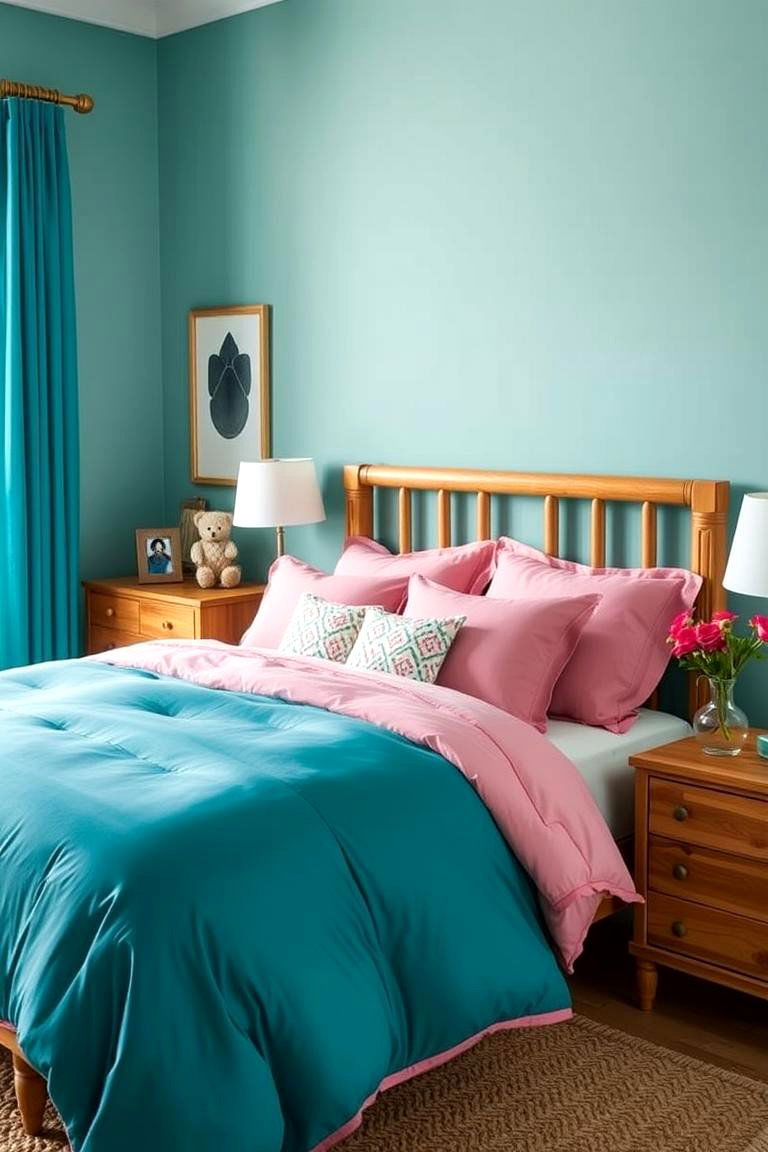 Teal and Pink Bedding with Natural Wood Furniture - 24 Teal and Pink Bedroom Ideas
