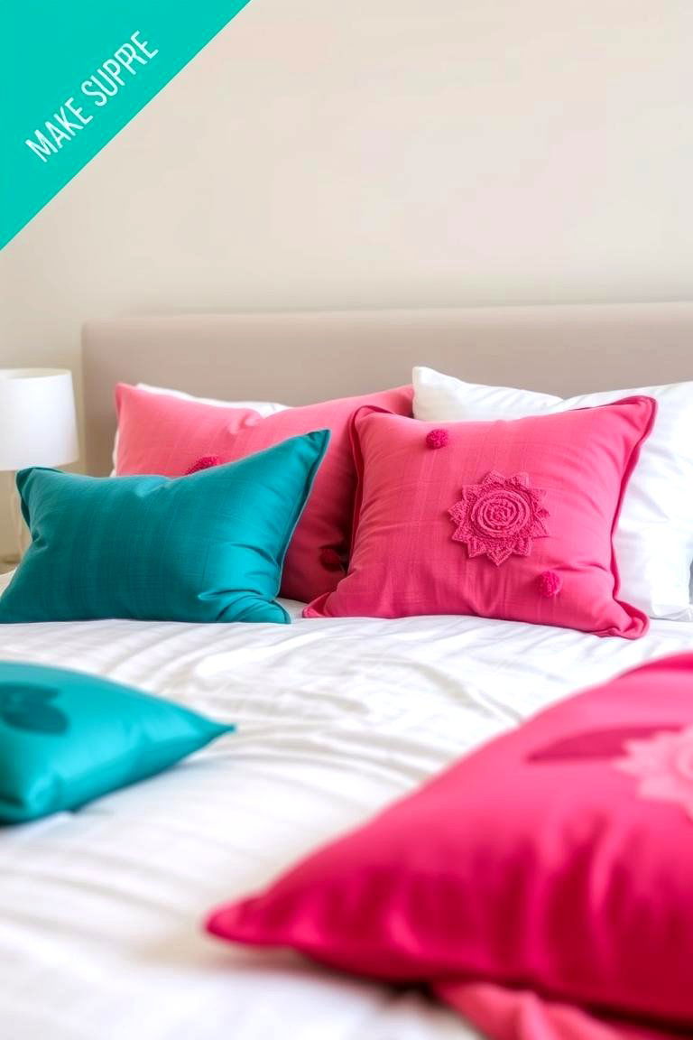 Teal and Pink Cushions with White Bedding - 24 Teal and Pink Bedroom Ideas