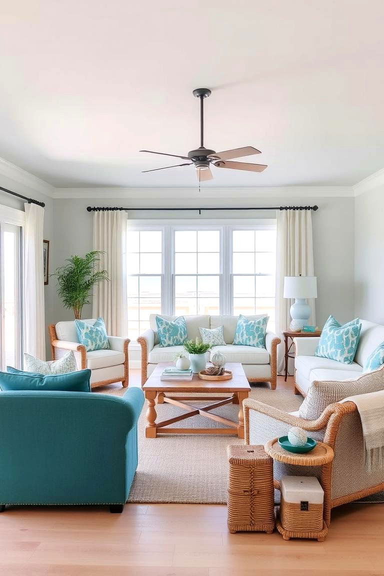 Teal and White Coastal Living Room - 24 Teal Living Room Ideas