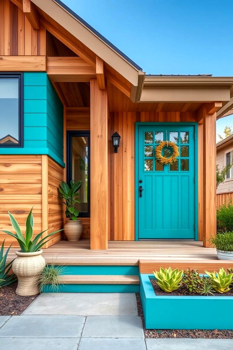 Teal with Natural Wood - 24 Teal House Exterior Ideas