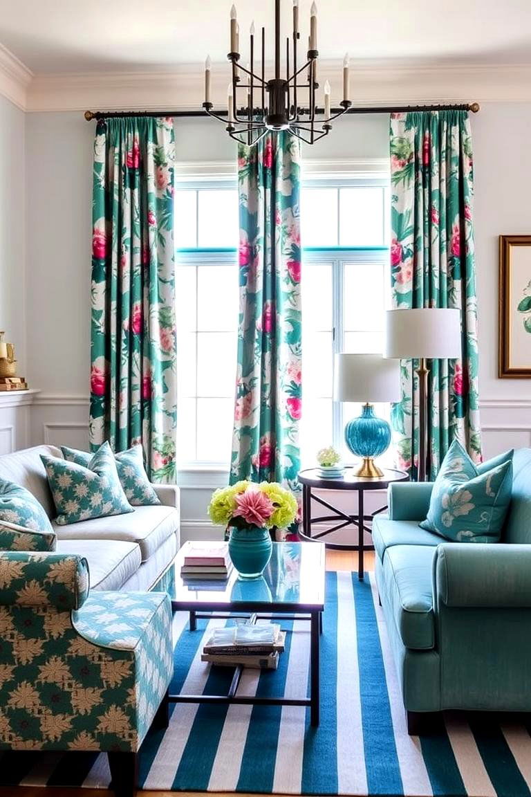 Teal with Patterned Fabrics - 24 Teal Living Room Ideas