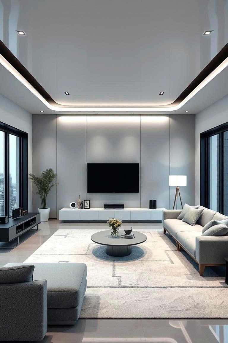Tech Integrated Modern Living - 24 Living Room With Grey Walls and Black Trim