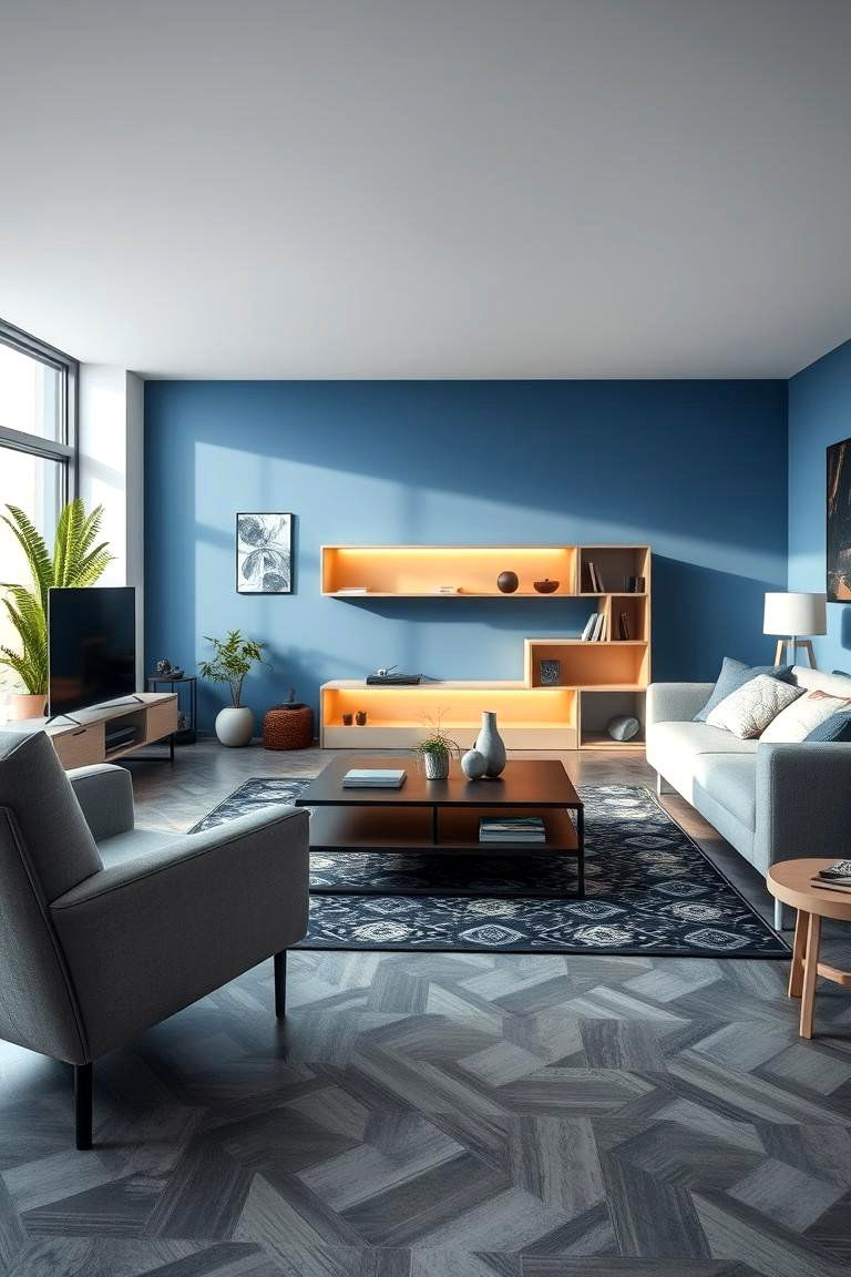 Tech Savvy Living - 24 grey floor living room with blue walls ideas