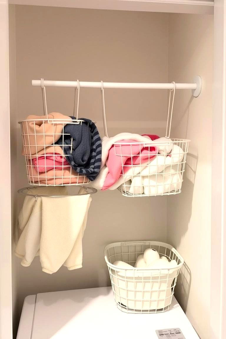 Tension Rod with Hanging Baskets - 24 Laundry Room Shelf Ideas