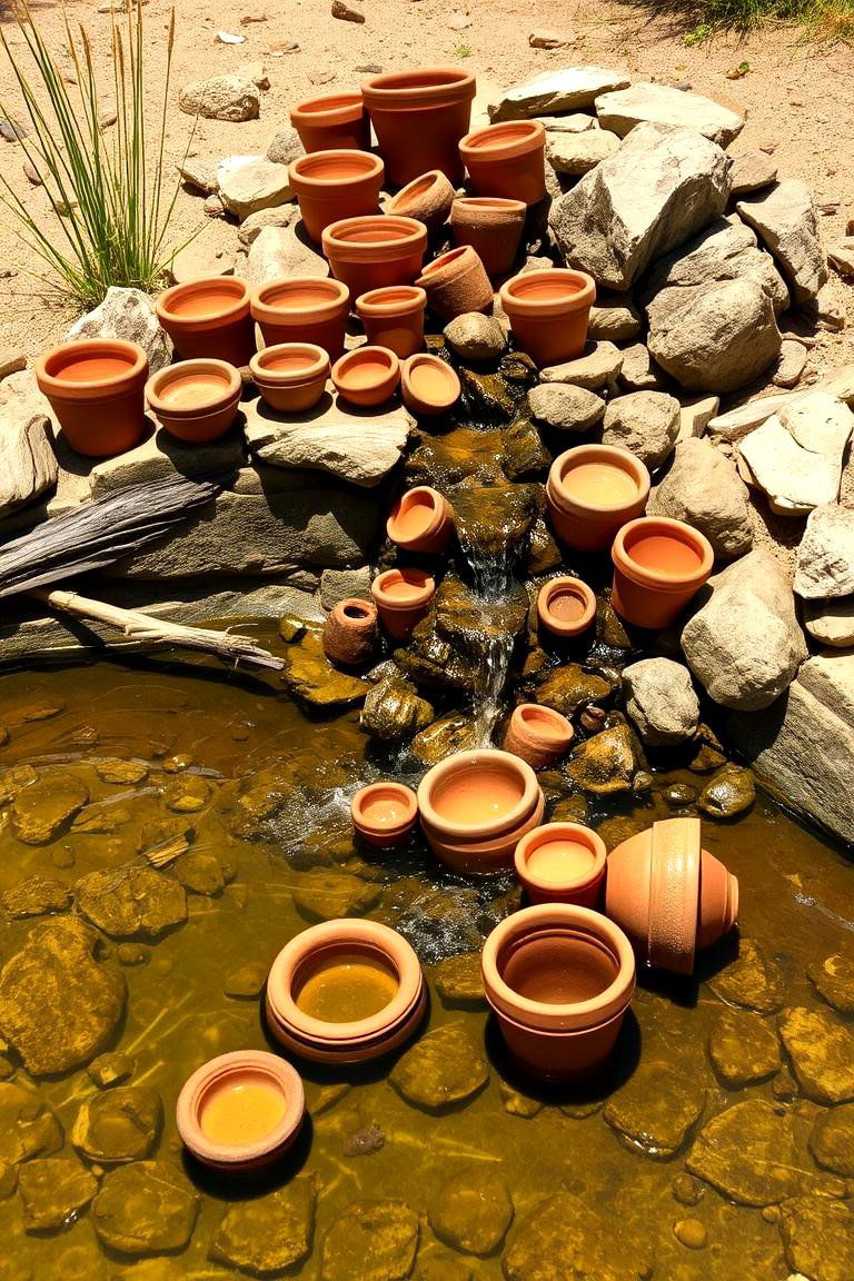 Terracotta Pot Cascade - 24 Pond Edging Ideas