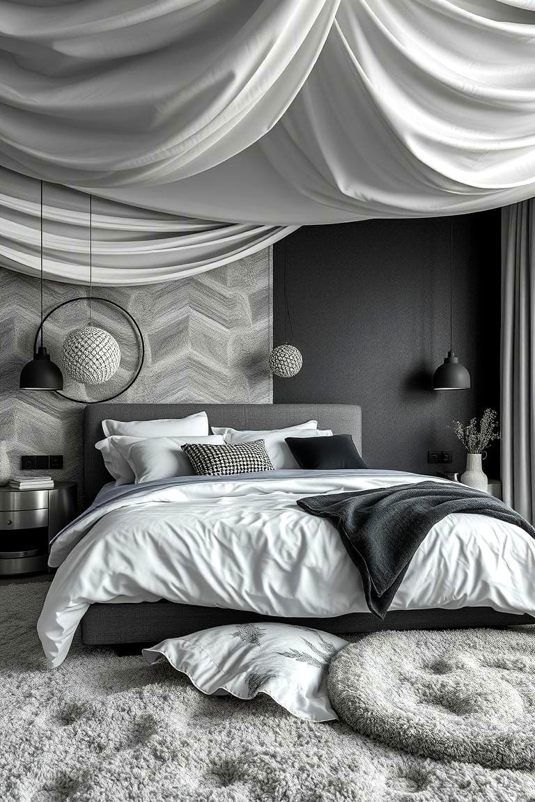 Textural Contrast Dynamics - 24 Black and Silver Bedroom Ideas
