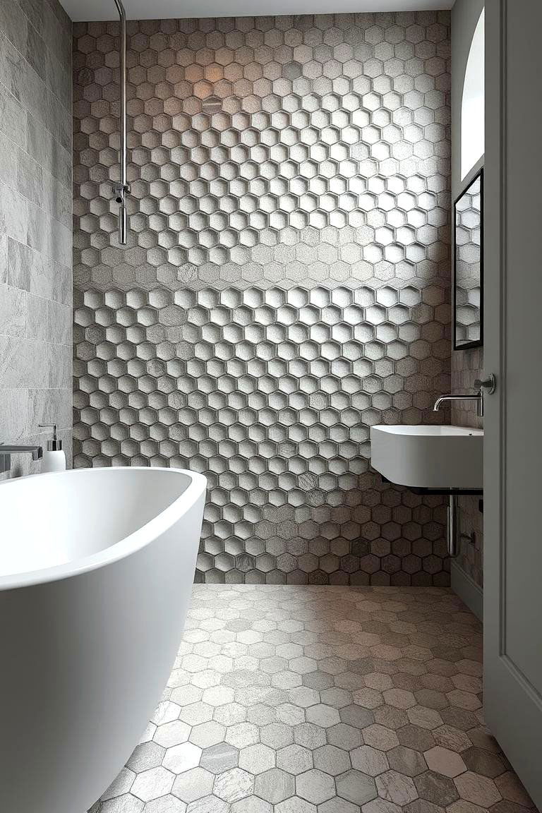 Textured Accent Statement - 24 Bathrooms With Hexagon Tile Floors