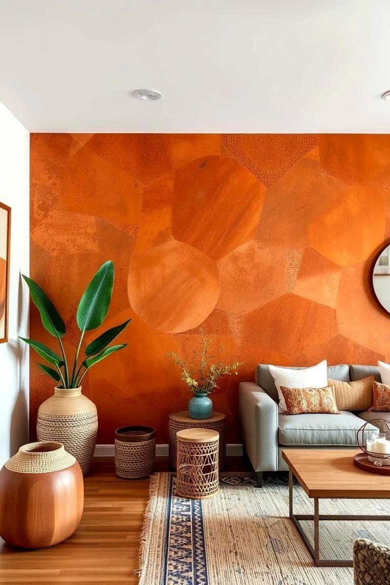 Textured Accent Walls with Burnt Orange Finishes - 24 Boho Burnt Orange Bedroom Ideas