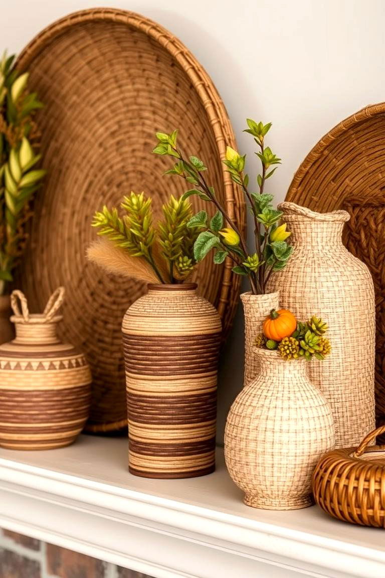 Textured Baskets and Vases - 24 Fall Mantel Decor Ideas