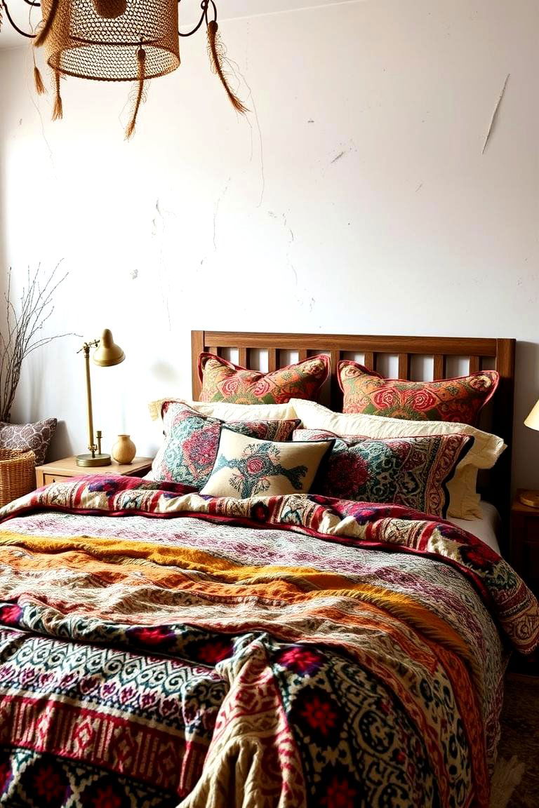 Textured Bedding with Bold Patterns - 24 Boho Teen Bedroom Ideas