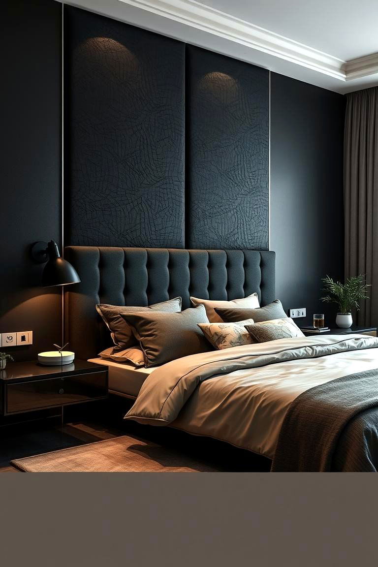 Textured Black Panel Feature - 24 Black Headboard Bedroom Ideas