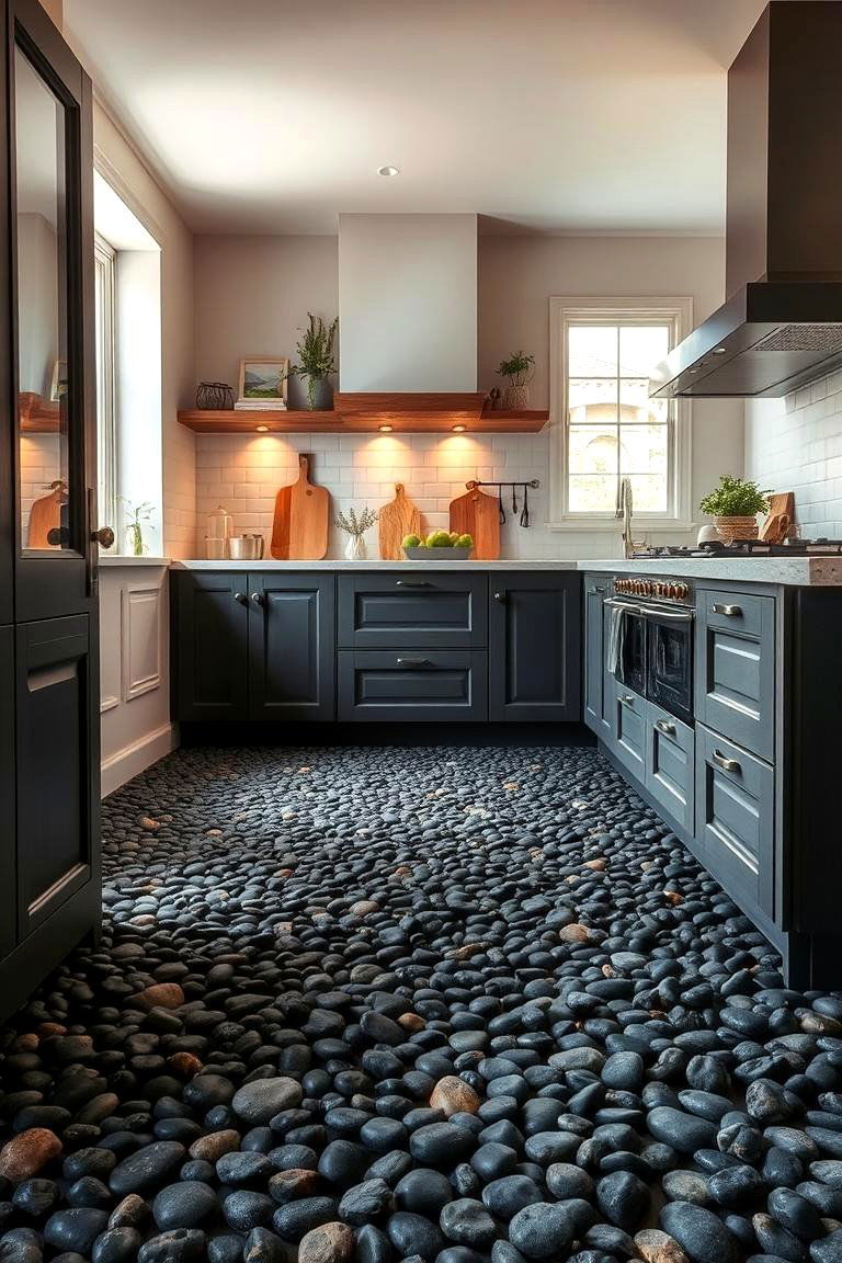 Textured Black Pebble Flooring - 24 Black Kitchen Floor Ideas