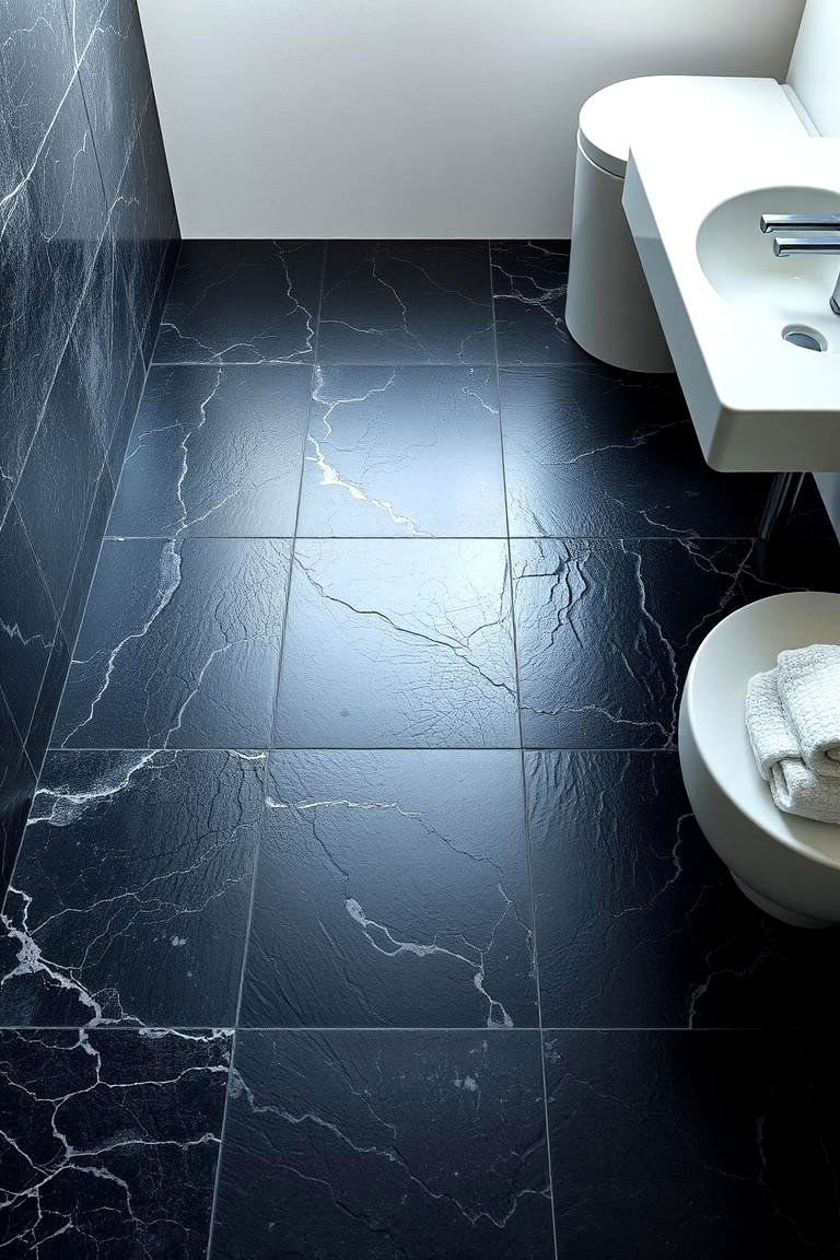 Textured Black Stone Appeal - 24 Black Floor Bathroom Ideas