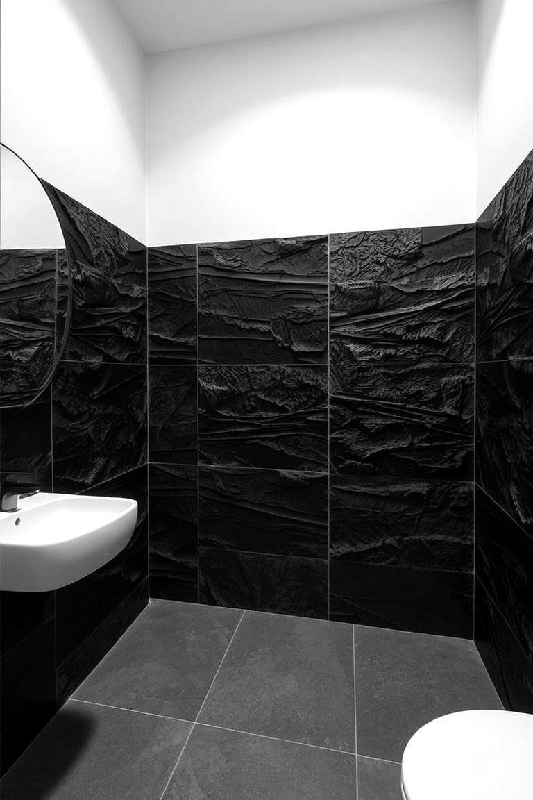 Textured Black Tile Layers - 24 Black Tile Bathroom Ideas
