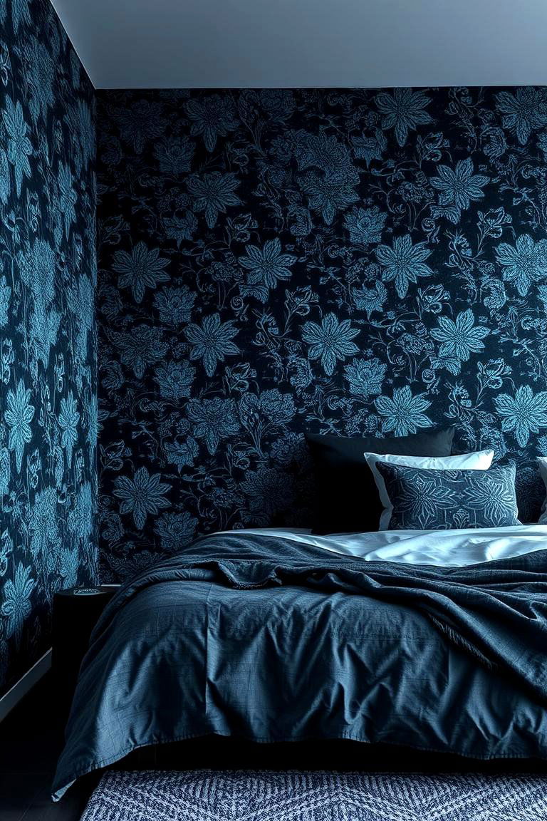 Textured Black Wallpaper Paired with Blue Patterns - 24 Black and Blue Bedroom Ideas