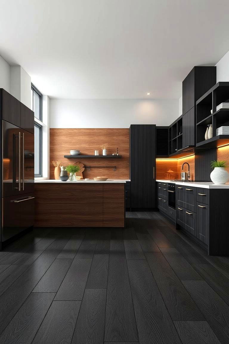 Textured Black Wood Look Flooring - 24 Black Floor Kitchen Ideas