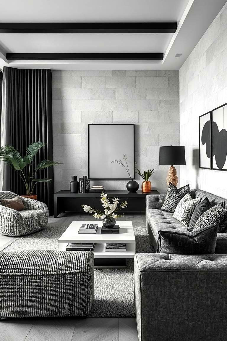 Textured Black and White Layers - 24 Black and White Living Room Ideas