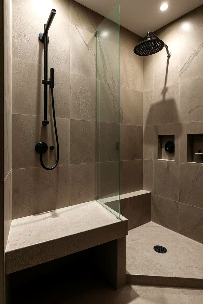 Textured Concrete Bench Design - 24 Walk in Shower Ideas With Bench