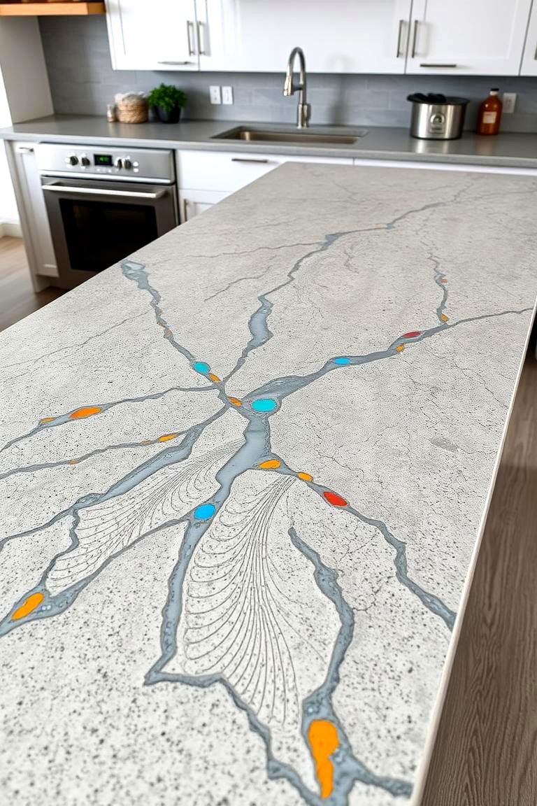 Textured Concrete Countertop with Inlays - 24 Concrete Countertop Ideas