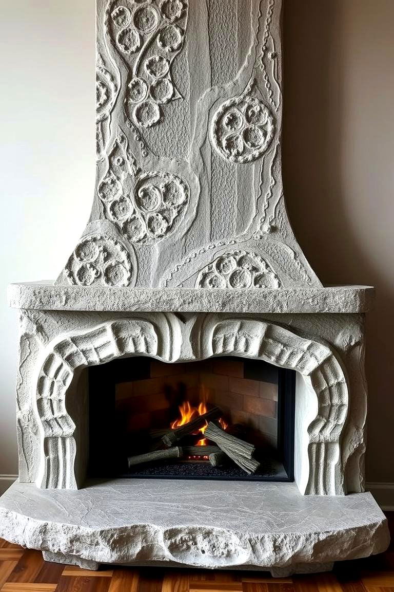 Textured Concrete Fireplace with Carved Details - 24 Concrete Fireplace Ideas