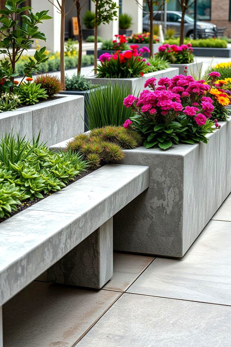 Textured Concrete Planter Benches - 24 Concrete Garden Ideas