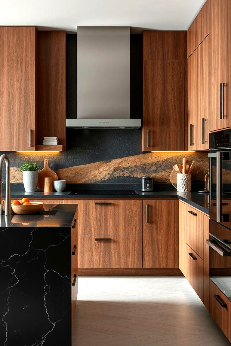 Textured Contrast - 24 kitchen with brown cabinets and black countertops ideas
