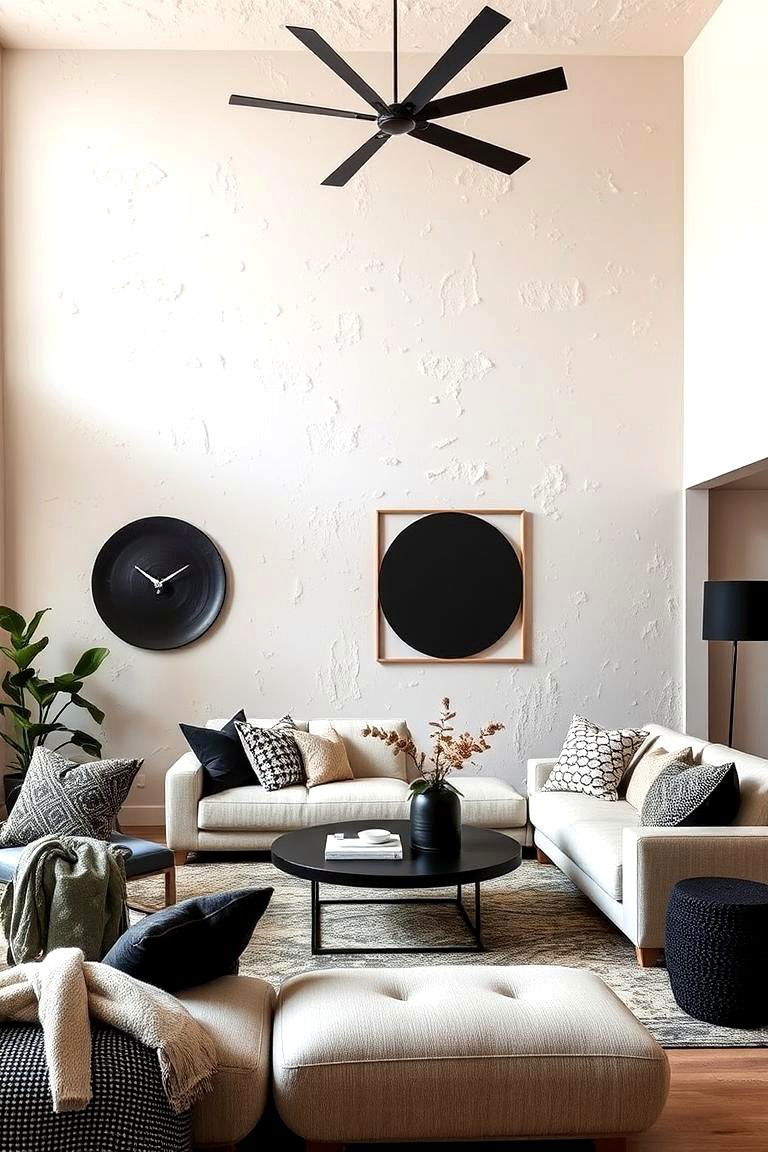Textured Cream Walls with Black Decor - 24 Cream and Black Living Room Ideas