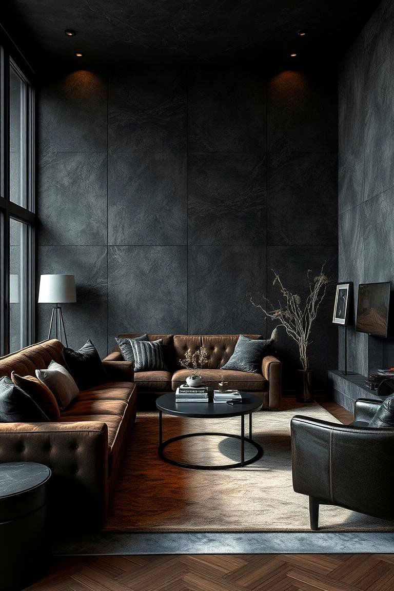 Textured Dark Layers - 24 Dark Living Room Ideas