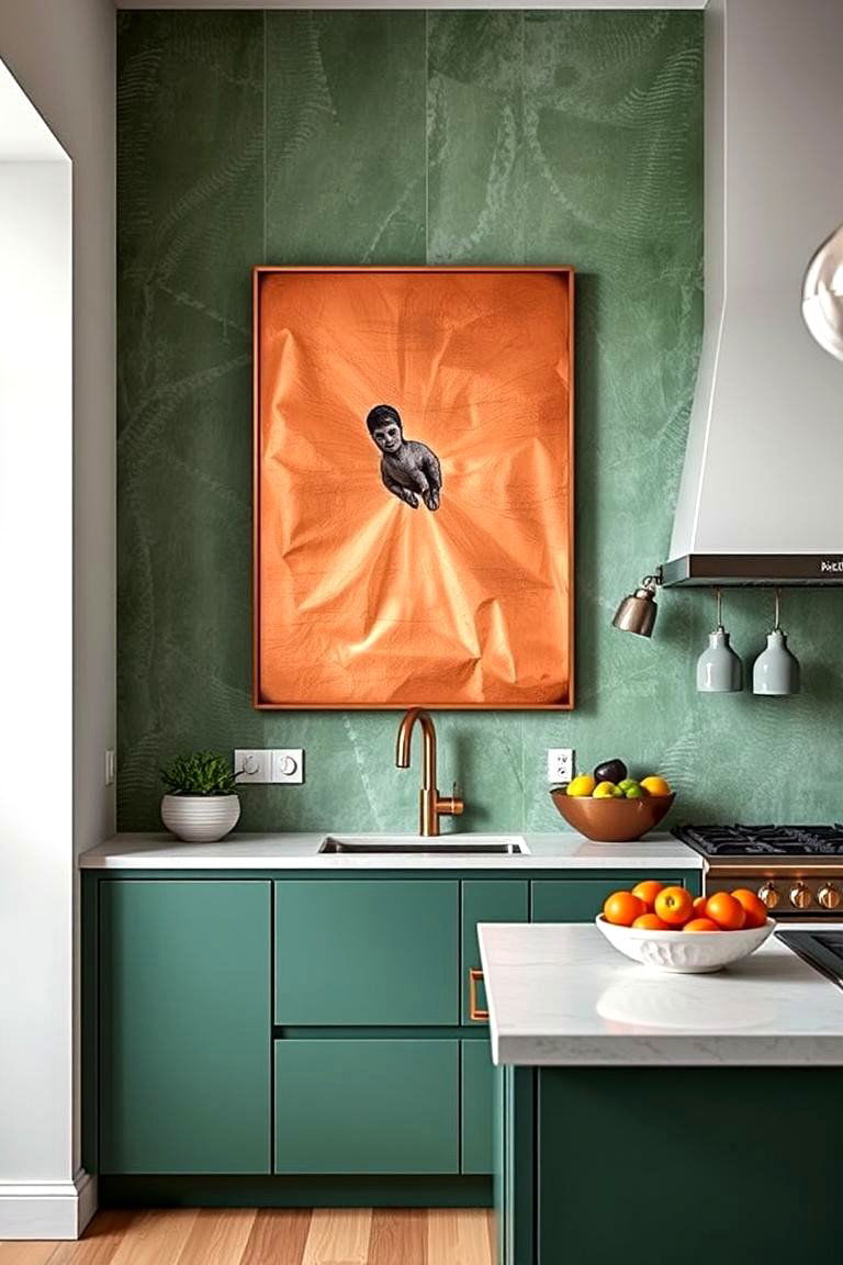 Textured Green Walls Adorned with Copper Art - 24 Green and Copper Kitchen Ideas