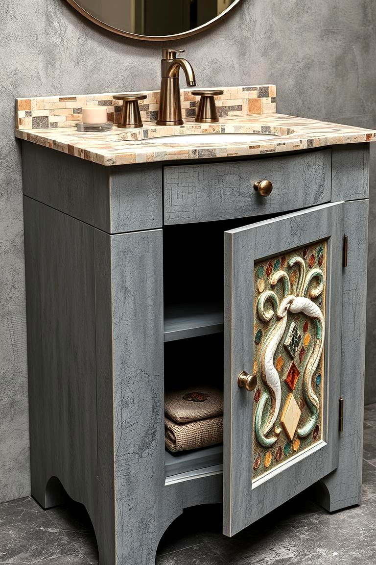 Textured Grey Vanity with Mosaic Patterns - 24 Grey Bathroom Vanity Design Ideas