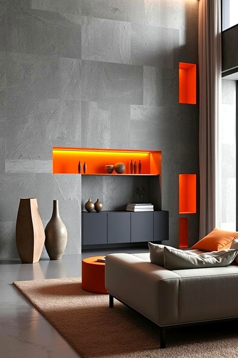 Textured Grey Walls with Orange Decor Highlights - 24 Orange and Grey Living Room Ideas