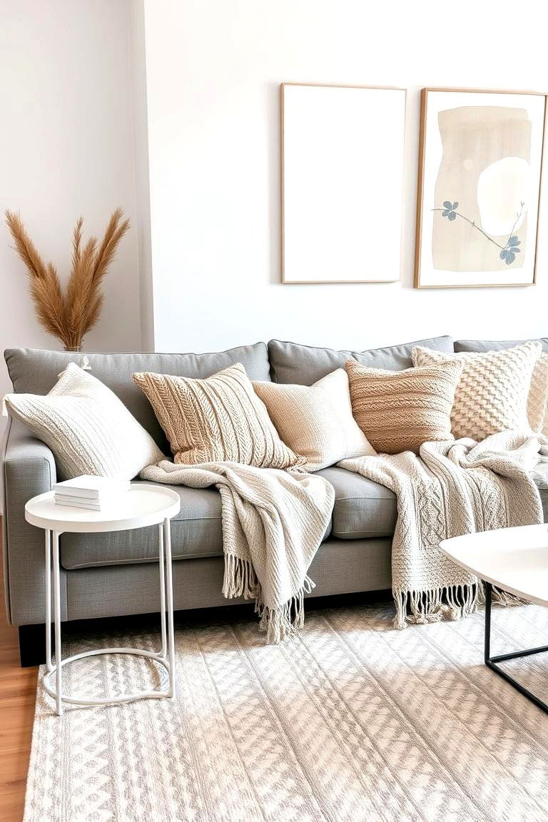 Textured Harmony Layering Beige Textiles on Grey Upholstery - 24 Grey and Beige Living Room Ideas