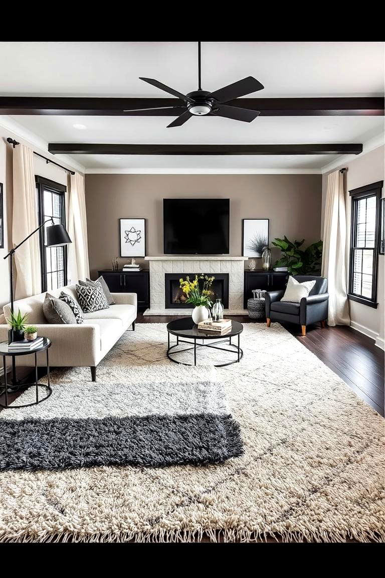 Textured Layered Rugs - 24 Black and Beige Living Room Ideas