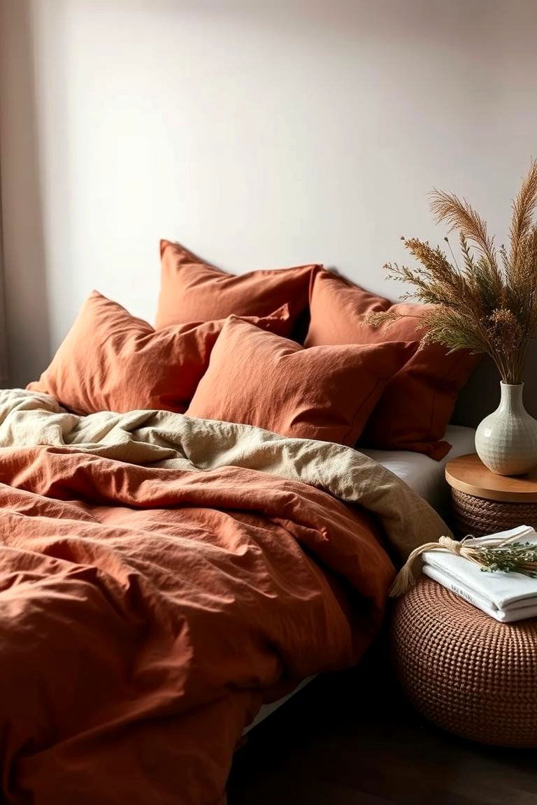 Textured Linen Bedding in Rust Tones - 24 Rust Bedroom Ideas