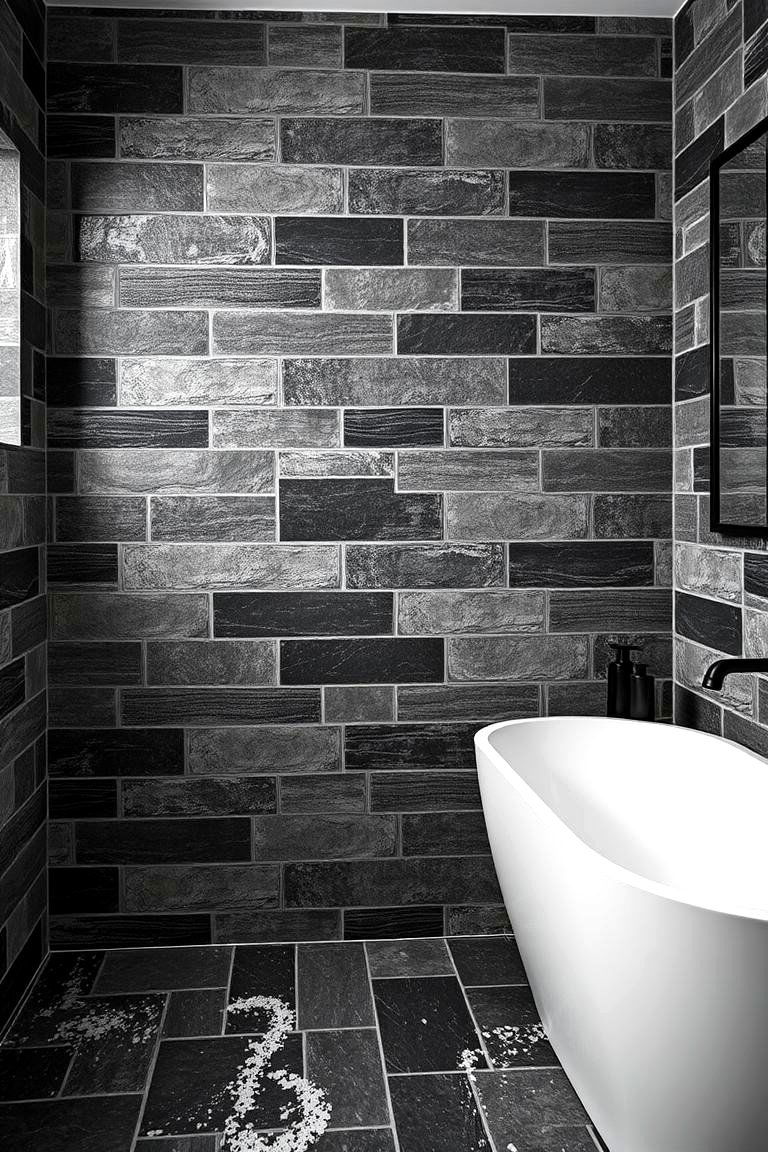 Textured Stone Look Tiles - 24 Black and White Bathroom Tile Ideas