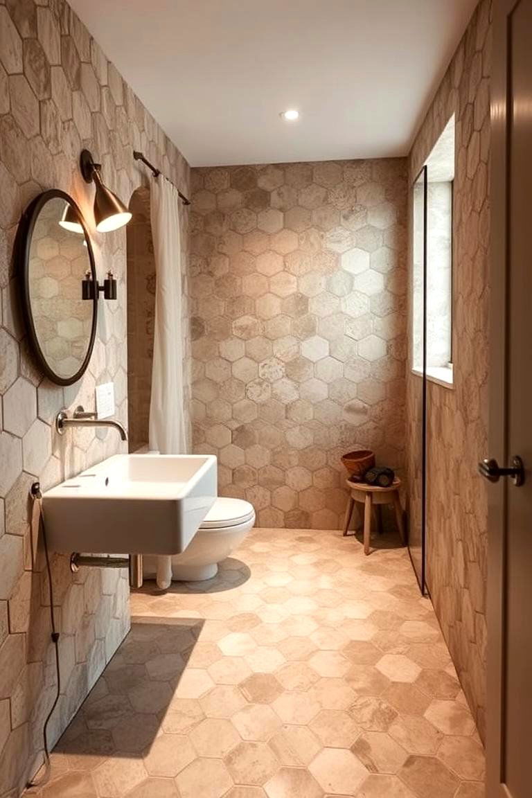 Textured Stone Look - 24 Hexagon Tiles Ideas for Bathrooms