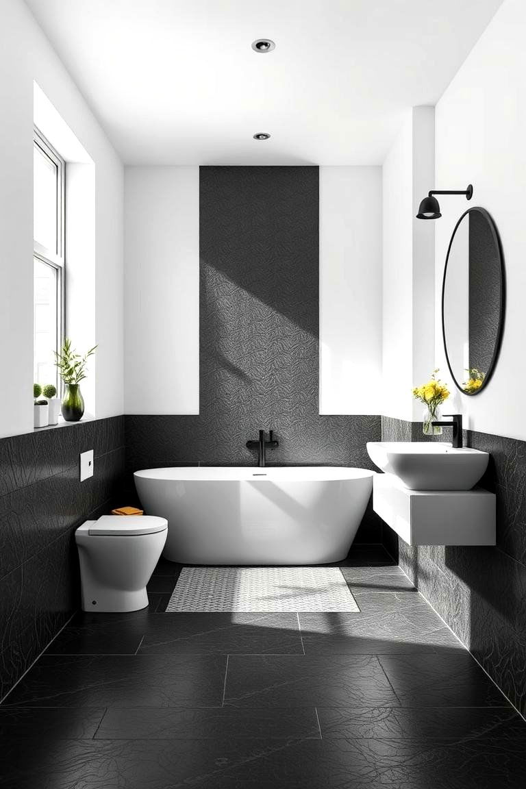 Textured Tile Harmony - 24 Black Floor Bathroom With White Walls Ideas
