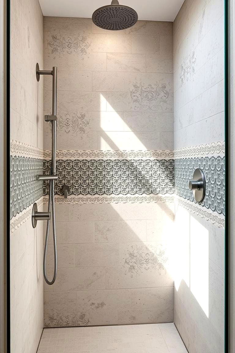 Textured Wall Feature - 24 Doorless Walk In Shower Ideas
