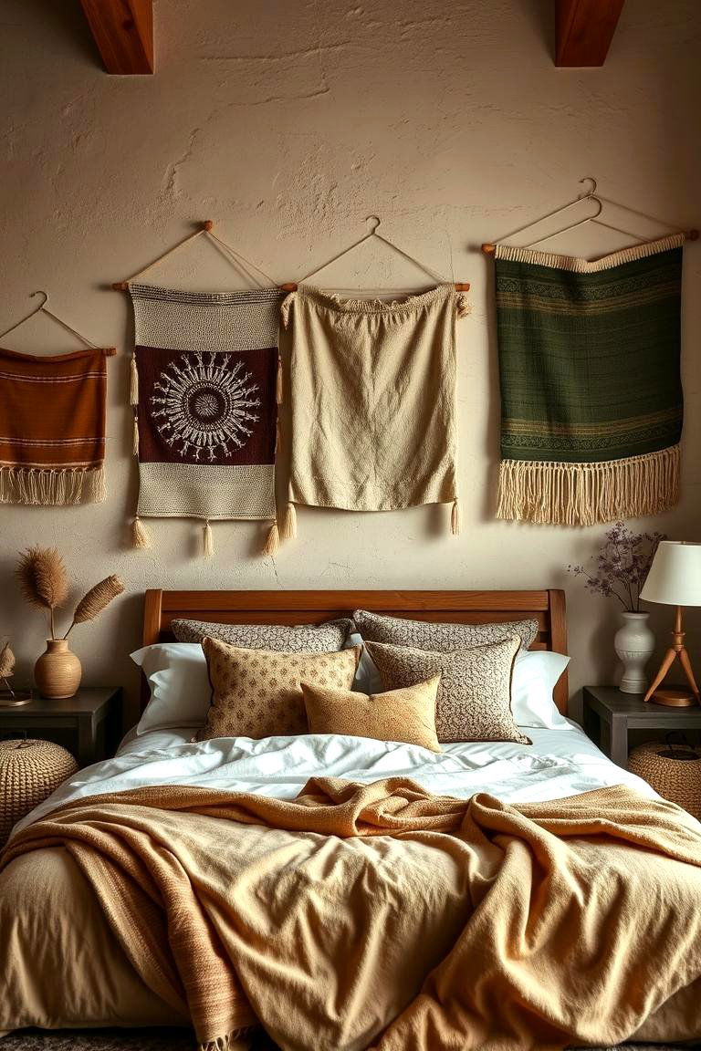 Textured Wall Hangings in Earthy Hues - 24 Rust Bedroom Ideas