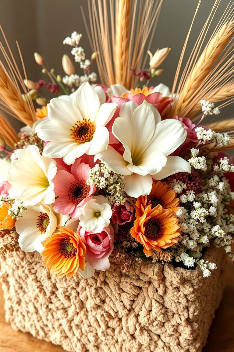Textured Wheat and Flower Fusion - 24 Fall Flower Box Ideas